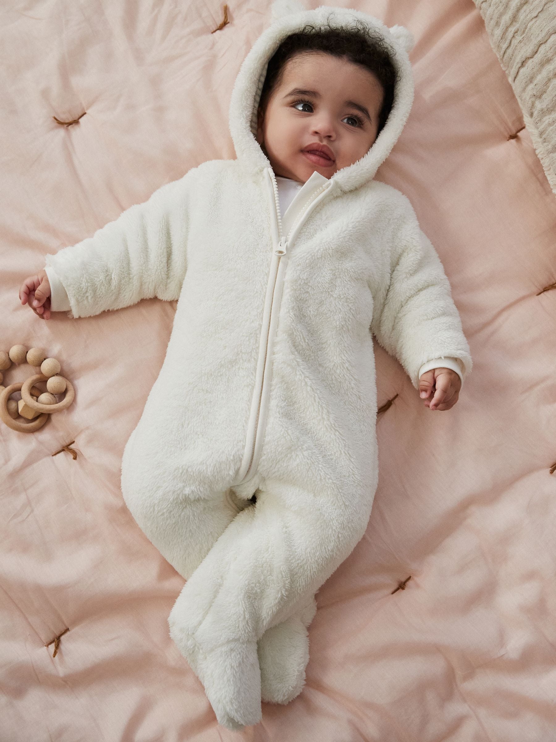 Ecru - All-in-one voor baby's van zachte fleece met capuchon (0mnd-2jr)