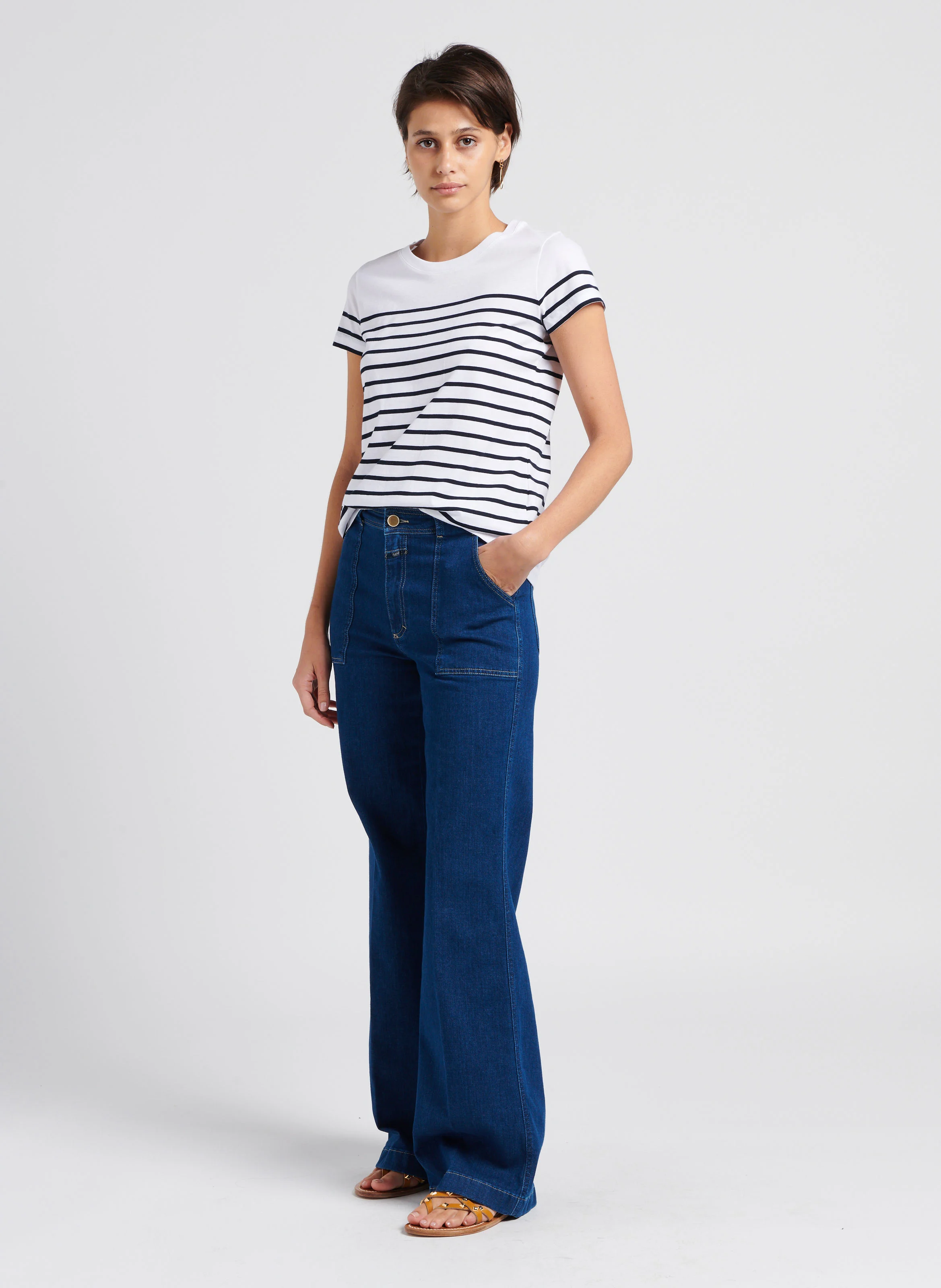 Tee-shirt col rond rayé en coton | Blanc