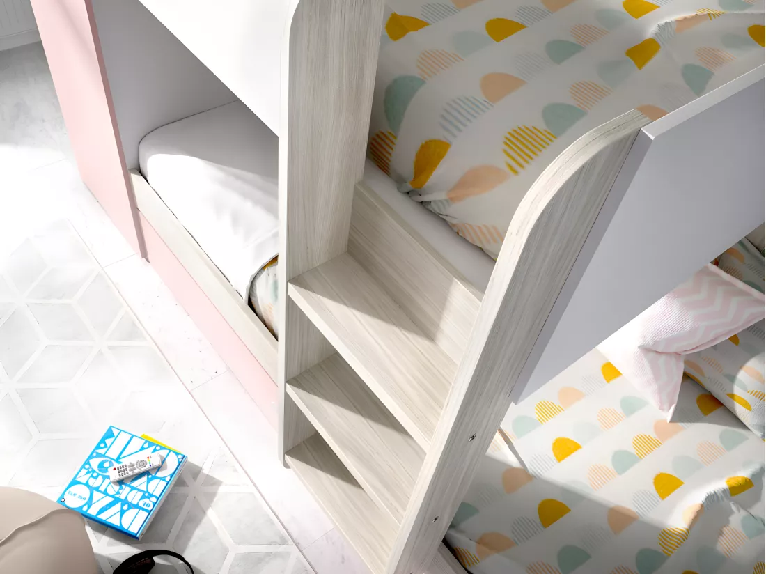 Lits superposés avec tiroir lit gigogne et rangements 3 x 90 x 190 cm - Blanc, naturel et rose + matelas - ANTHONY