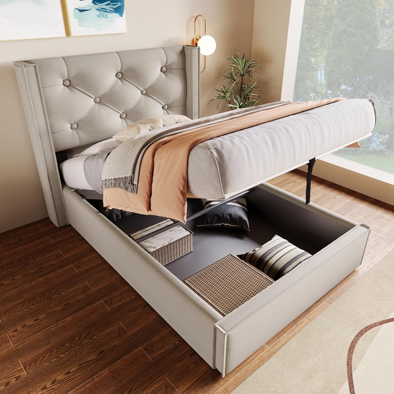 Kayan Hydraulisch Einzelbett Polsterbett 90x200cm, Bett mit Lattenrost aus Metallrahmen, Modernes Bettgestell mit Stauraum, Baumwolle (HellGrau, 90x200cm)