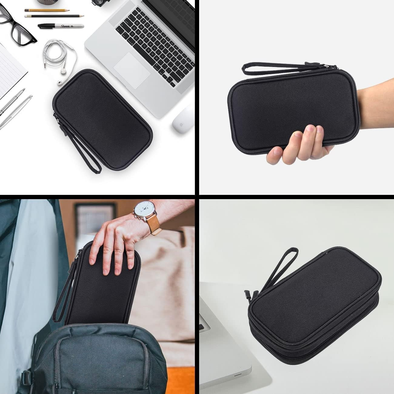 (21x12.5x6cm) Universal Nylon Tasche Reise Organizer für Smartphones / Ladekabel mit Doppel Reissverschluss - Schwarz