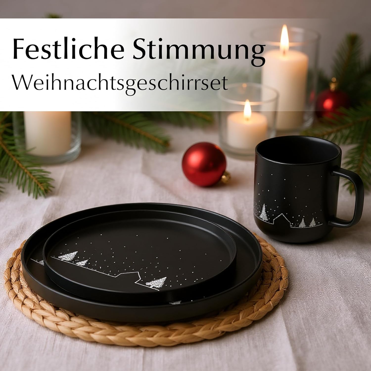 MIAMIO – Weihnachtsgeschirr 8 Personen / 24-teiliges Keramik Geschirrset schwarz matt für Weihnachten Winter – Schneelandschaft Motiv/Mikrowellen- und Spülmaschinengeeignet – Vinter Kollektion