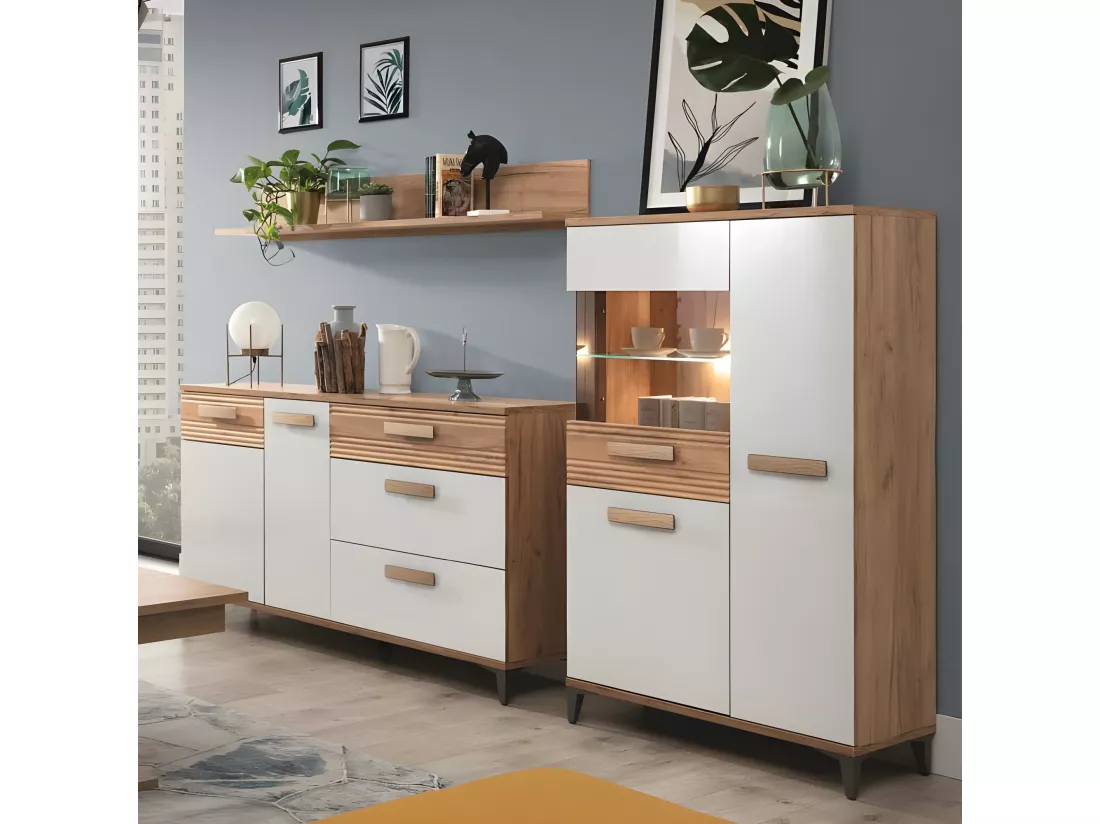 Vaisselier 3 portes battantes à leds Chêne Miel/Blanc - APODIS - L 85 x l 39.5 x H 145 cm