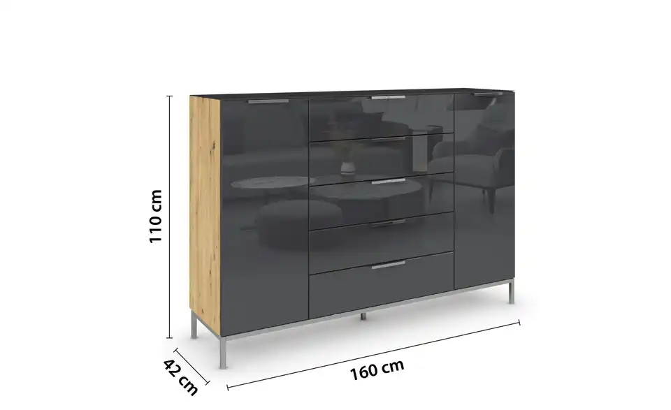 Highboard verchromt 160 cm Basaltgrau, Eiche Artisan (Nachbildung)
