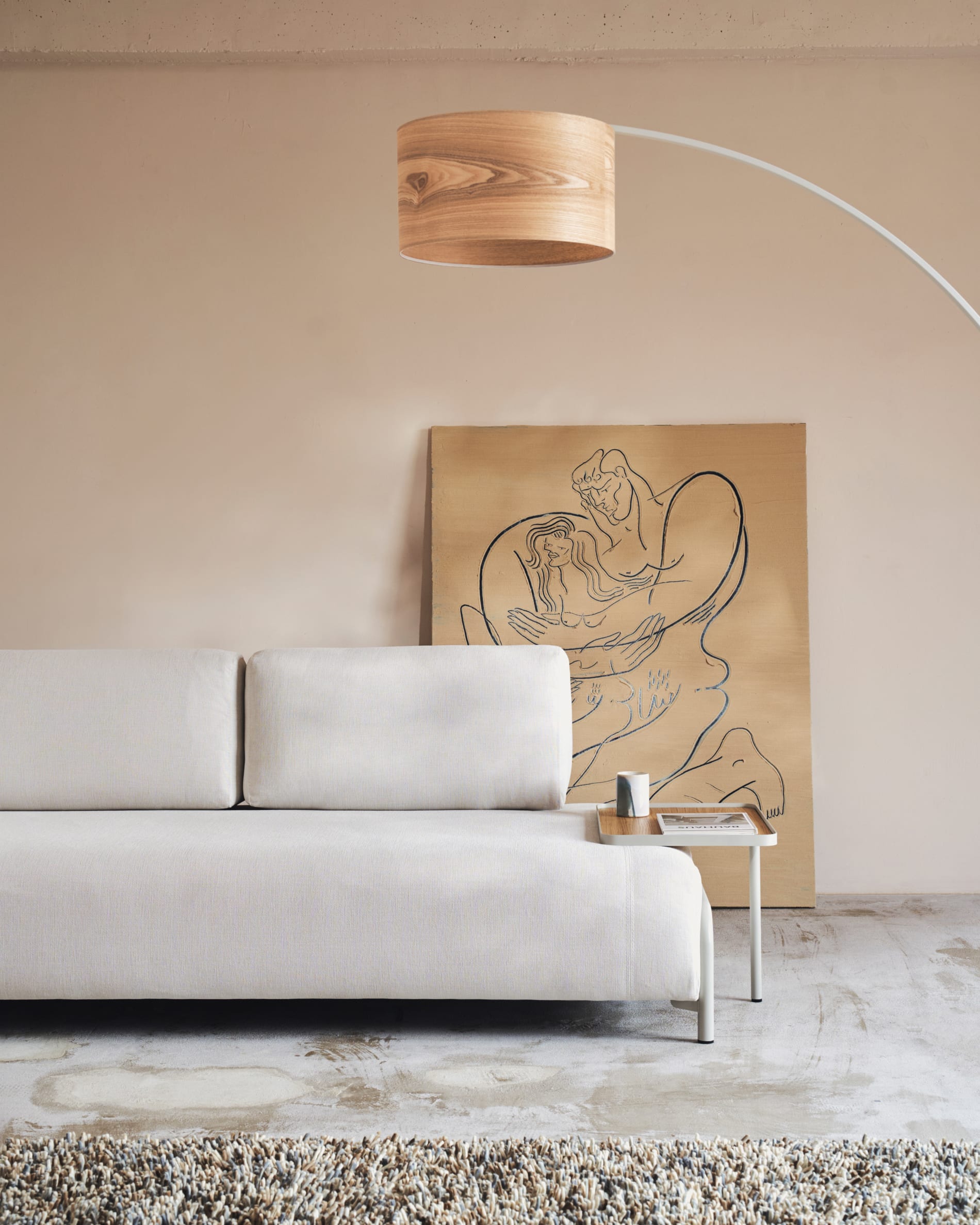Kave Home - Compo-3-zitsbank van grijze chenille, groot eikenfineer