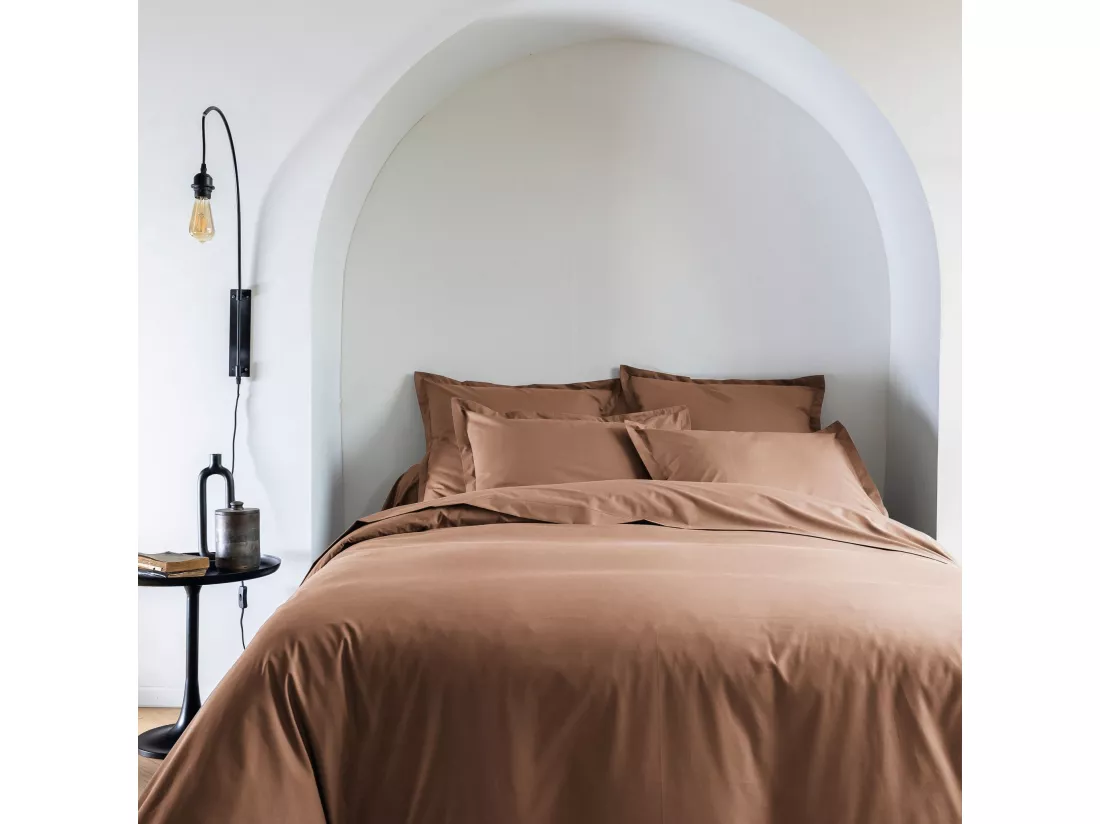 Parure de lit coton percale Marron 260x240 - SOMEO - MORPHEE