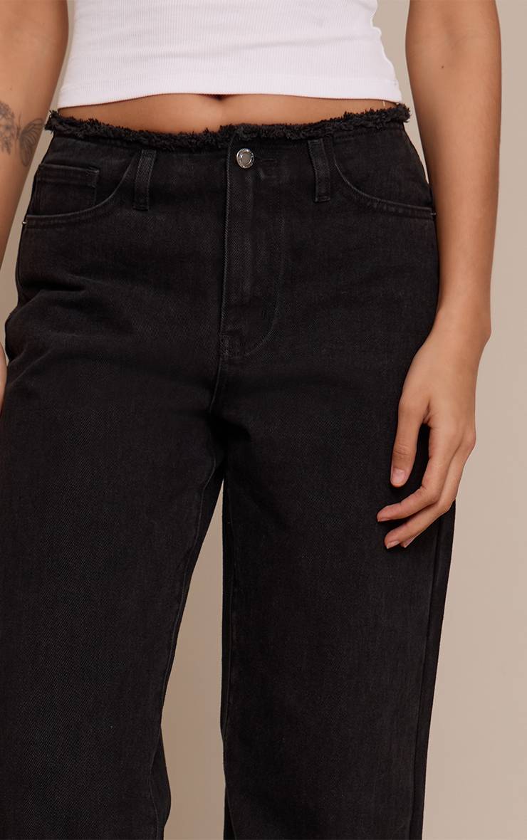 Noir Jean Taille Haute Droit Taille Bord Effiloché Coupe Basse