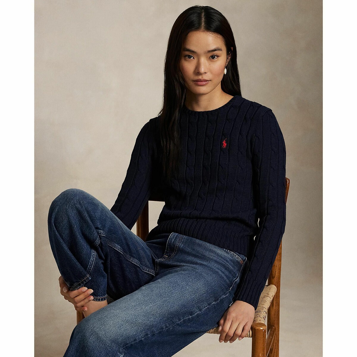 POLO RALPH LAUREN<br>Suéter de malha trançada de algodão com gola redonda
