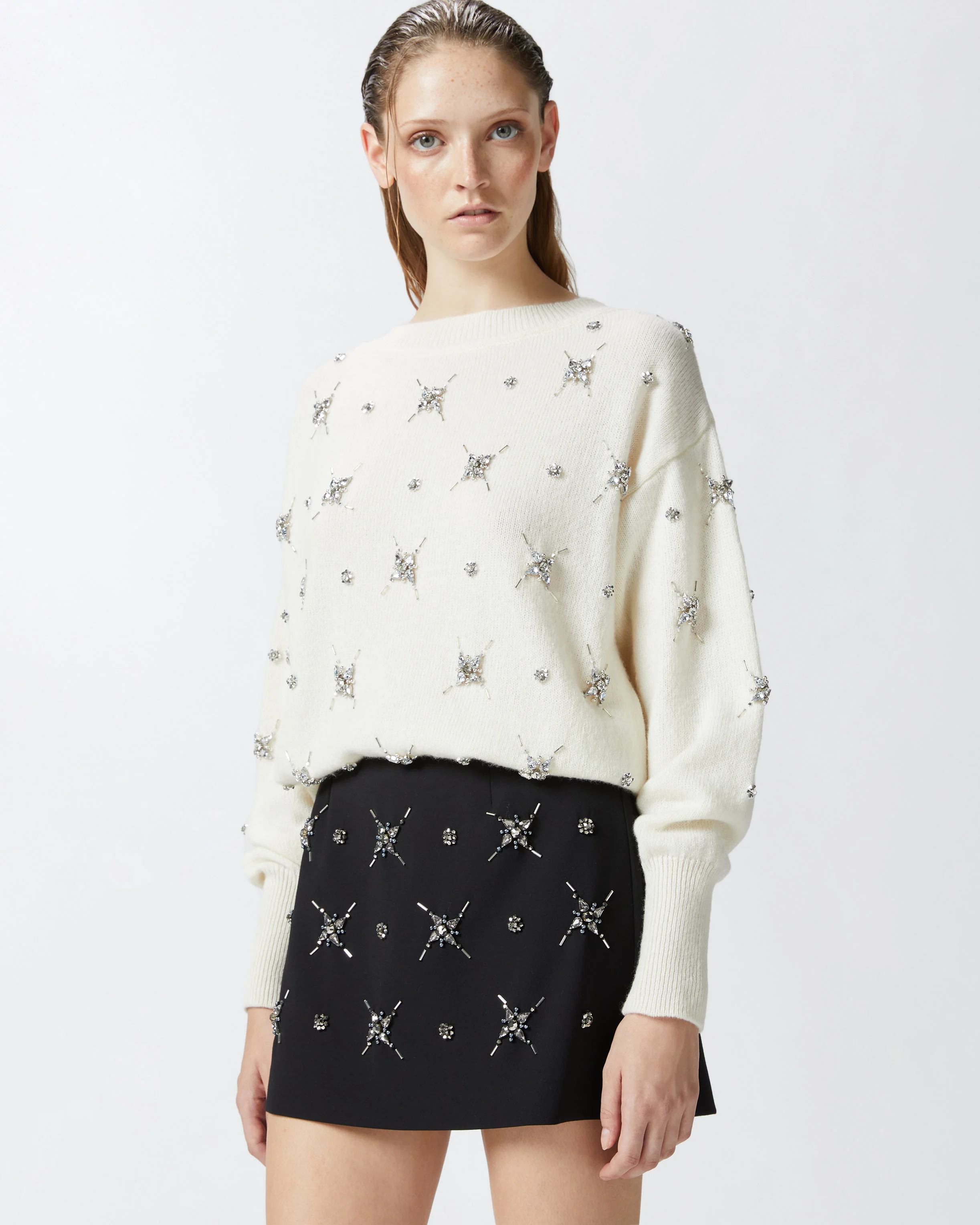 Pull élégant brodé de strass | Blanc