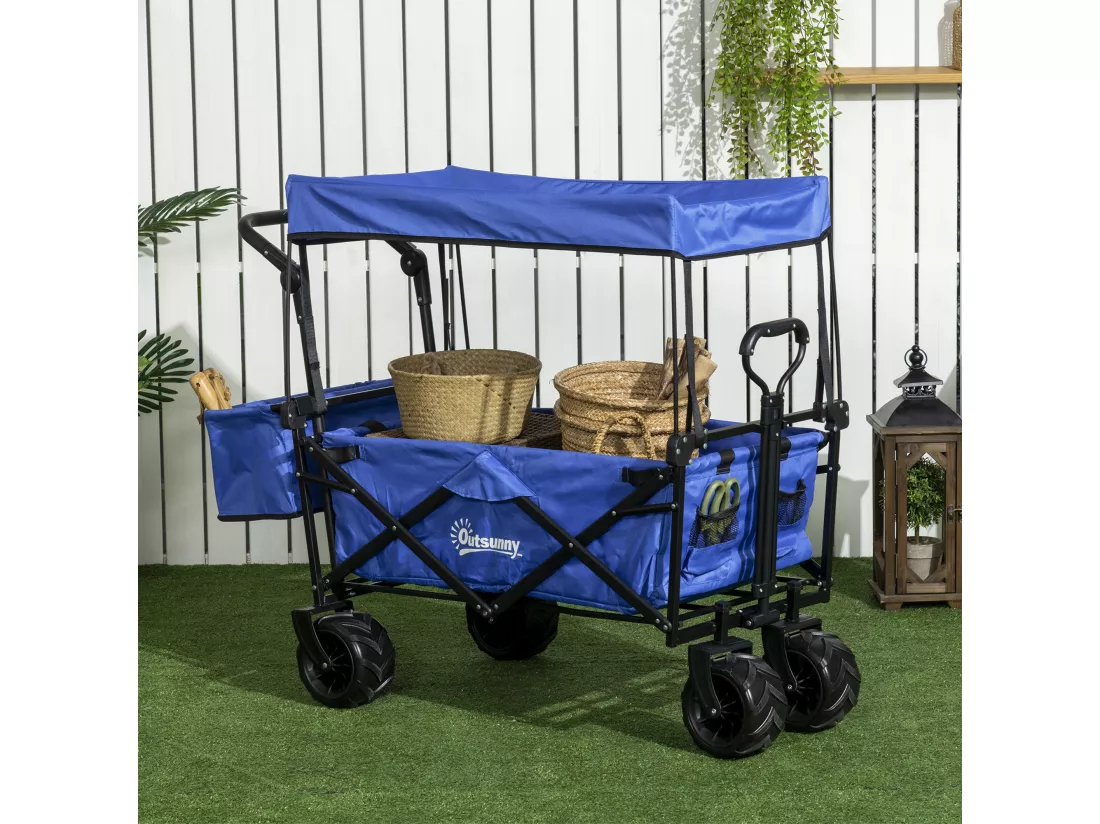 Chariot pliant avec toit, poignée, panier - chariot de plage - chariot de transport pliable tout-terrain métal noir oxford bleu