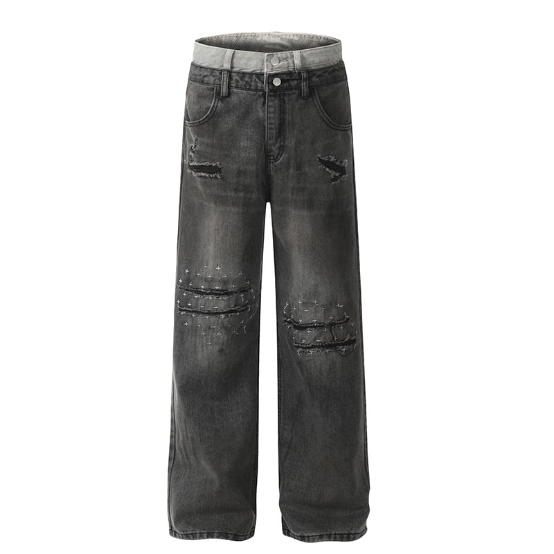GRAYCIOUS - Mock Two-Piece Mid Rise Washed Distressed Wide Leg Jeans