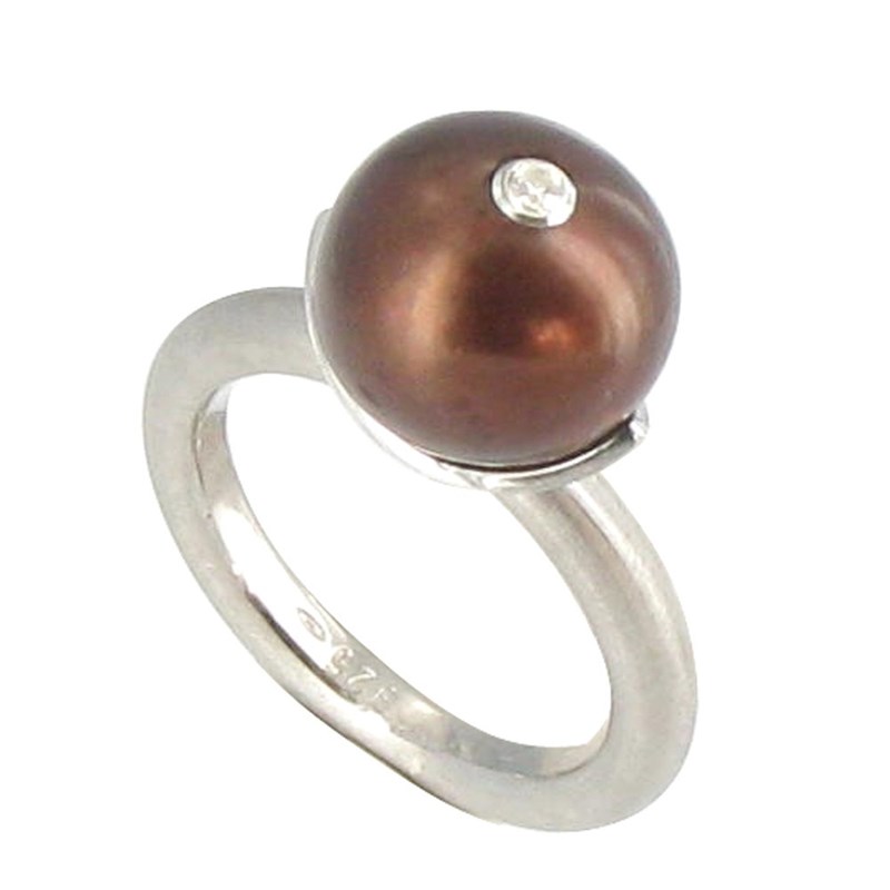 Bague Argent Rhodié Perle de Culture 11 mm Cuivrée et son Strass