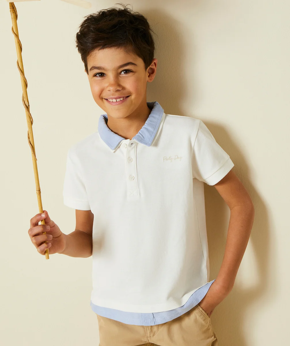 polo manches courtes garçon en coton bio effet 2 en 1 blanc et bleu