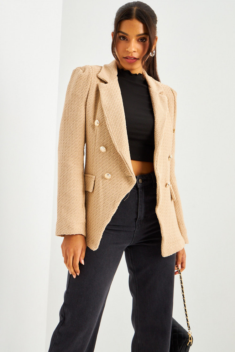 Blazer beige aspect tweed boutons perles