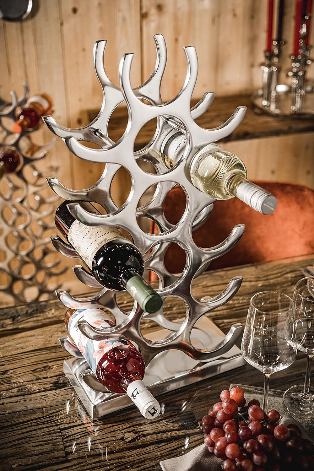 MichaelNoll Weinregal Flaschenregal Flasche Aluminium Silber Luxus - Weinständer, Regal Modern aus Metall - Flaschenhalter/Flaschenständer für Flaschen Sekt, Wein und Champagner - 60 cm XL