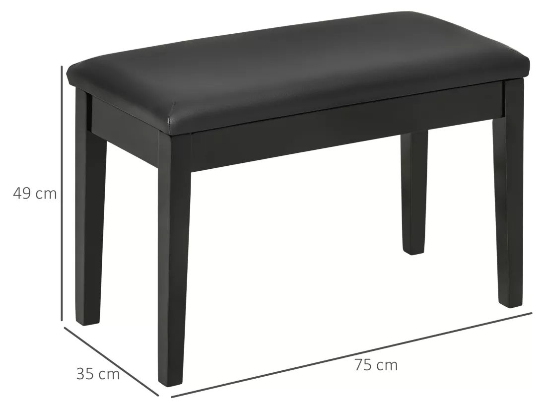 Banquette tabouret siège pour piano avec coffre de rangement pied bois hévéa revêtement synthétique noir