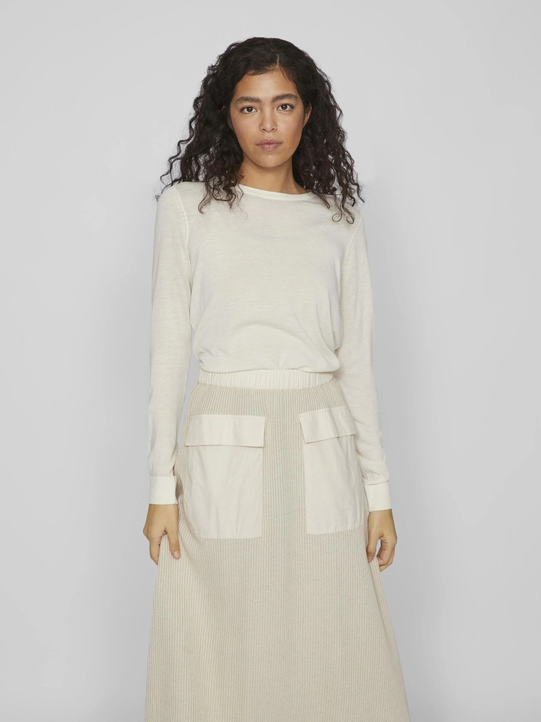 Vila  Viabella Open O-Neck L/S striktrøje - Egret