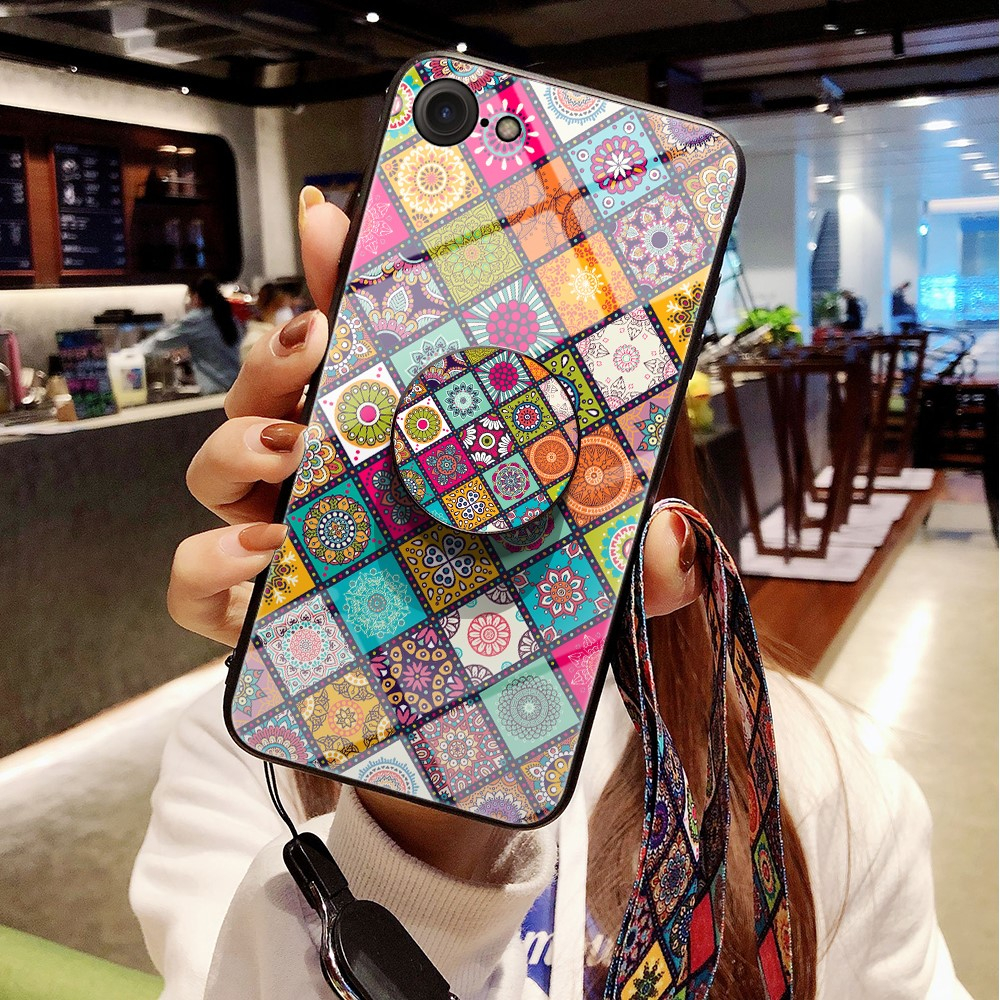 iPhone SE (2022/2020) / 8 / 7 / 6S  Hybrid Hardcase Hülle Glas Rückseite mit Kickstand   Schlüsselband - Bunt