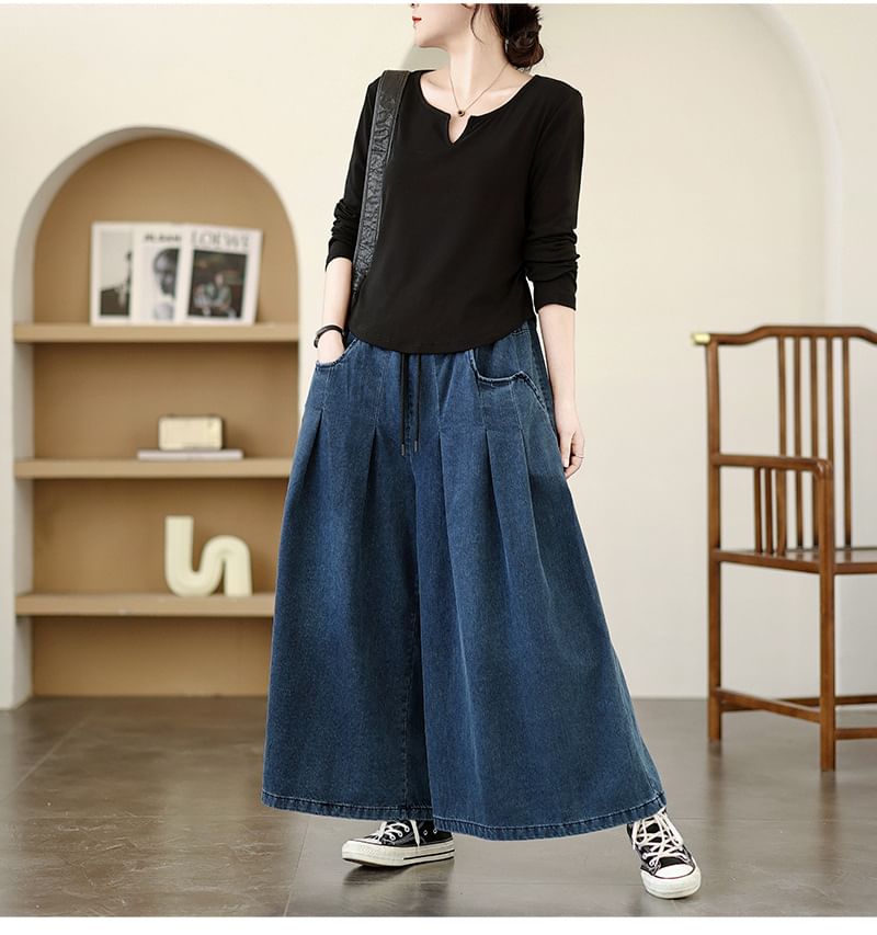 Lewwe - Gewassen denim culottes met trekkoordtaille