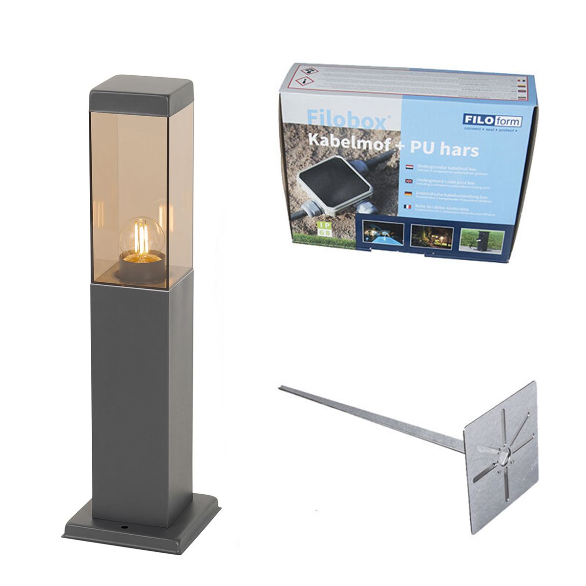 Buitenlamp donkergrijs met smoke glas met grondpin en kabelmof 45cm IP44 - Malios