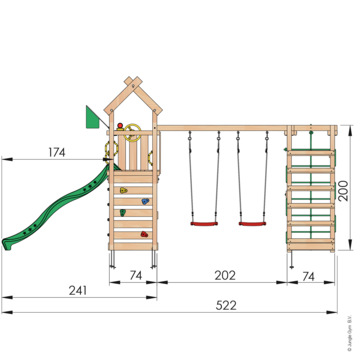 Speeltoestel Jungle Gym Nomad douglas met glijbaan donker groen en 2-klimrek module