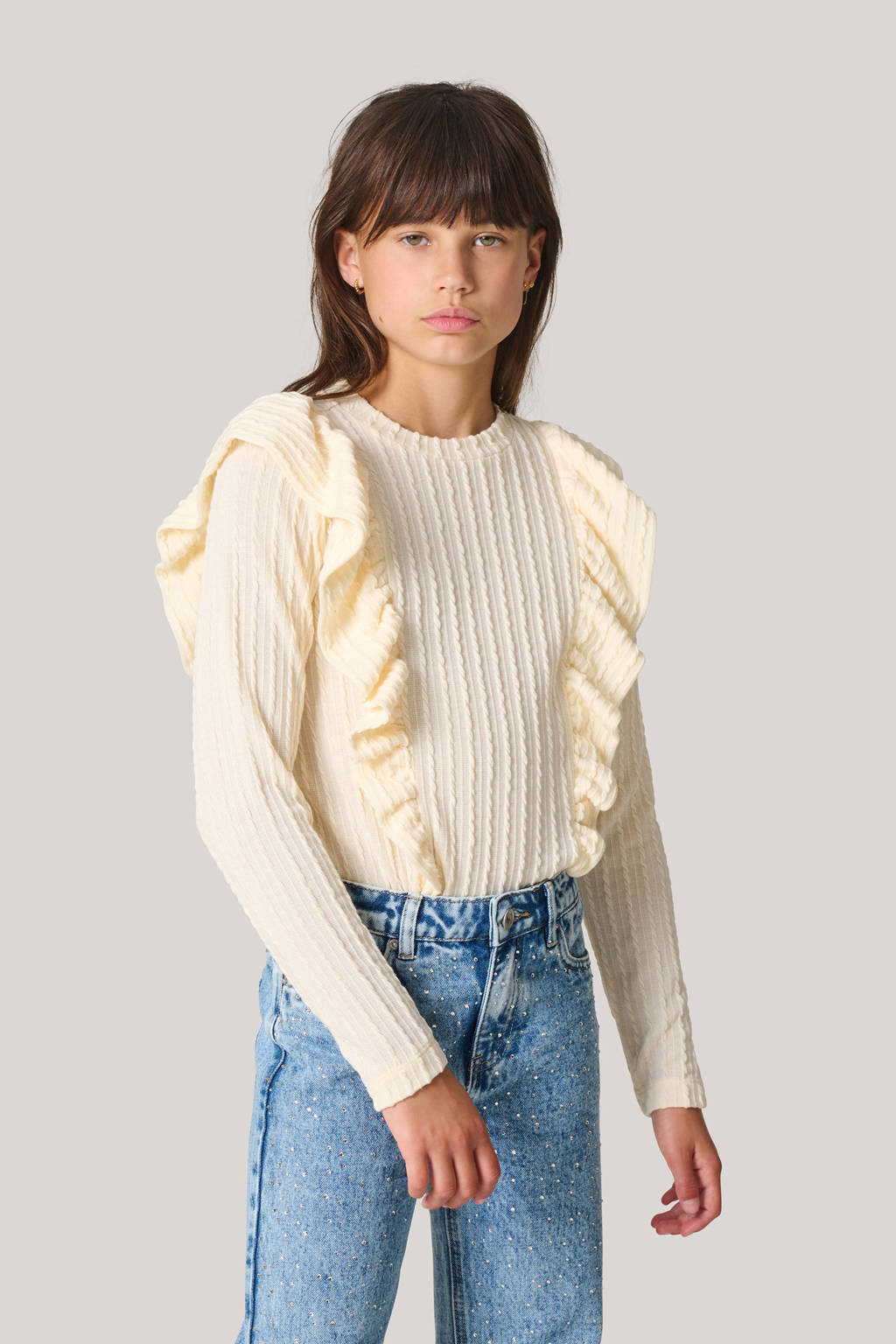 Shoeby gebreide longsleeve met ruches ecru