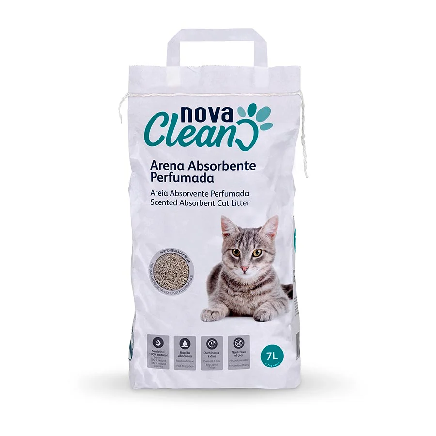 Areia higiênica absorvente e perfumada Nova Clean para gatos.