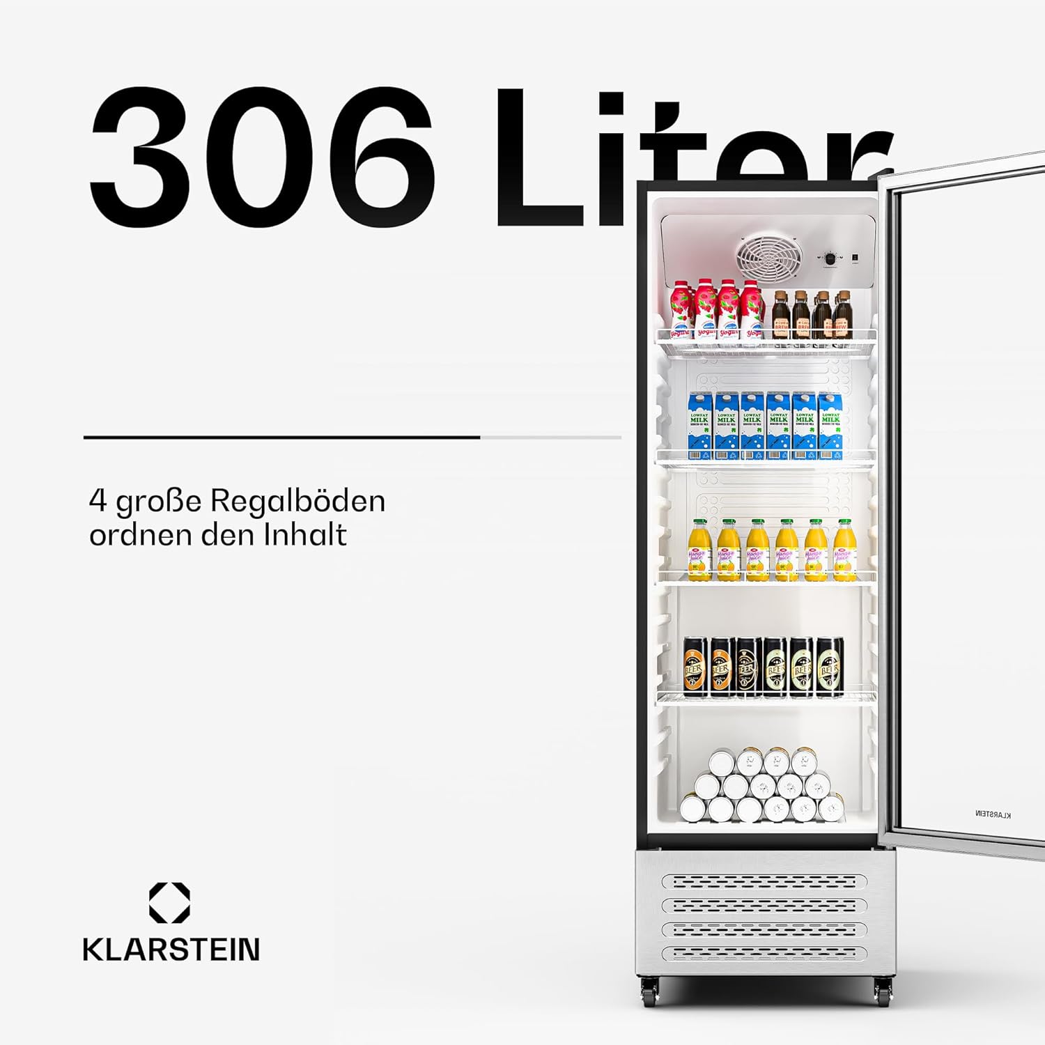 Klarstein GrandCooler 306L Getränkekühlschrank - Doppelverglaste Tür, Aluminium-Tür, LED-Beleuchtung, Mechanischer Thermostat, 0 °C bis 10 °C, 4 Räder, Energieklasse B
