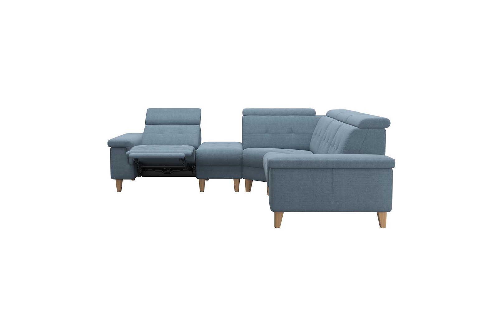 Anna C12 hjørnesofa (PCenterCMM) Tekstil Dahlia Light Blue med A2 arm og eikbeisede skrå ben, 14 cm. (Power-Center-CornerManual-Manual)