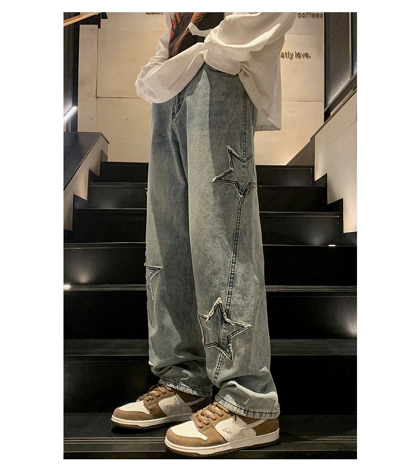 Bay Go Mall - High Waist Star Geborduurde Washed Wide Leg Jeans