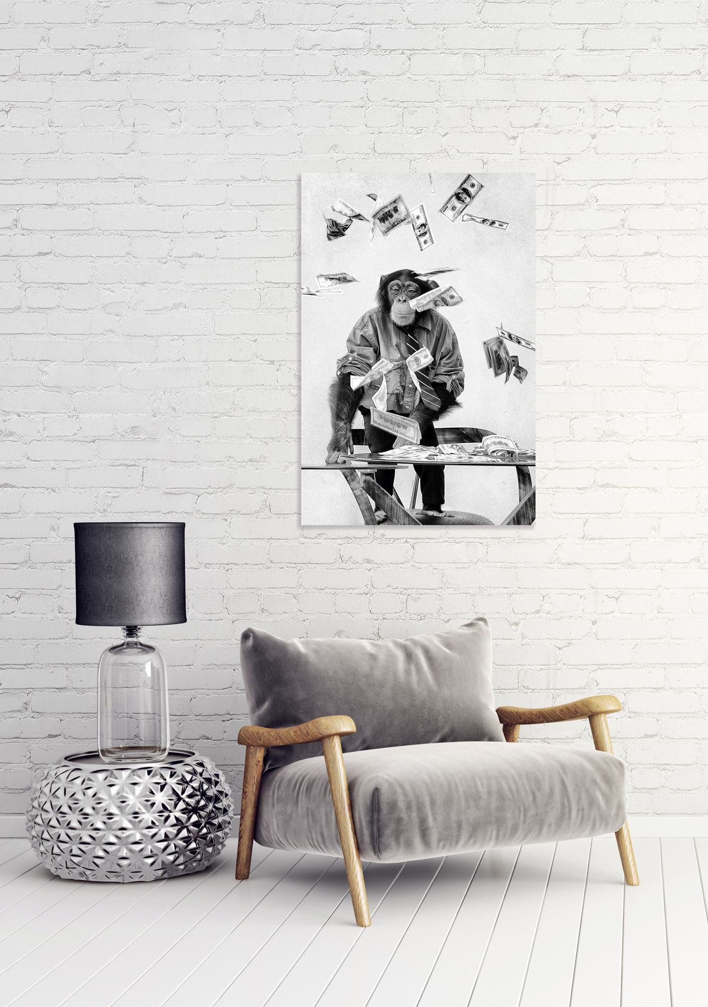 Glasbild SCHIMPANSEN IM GELD