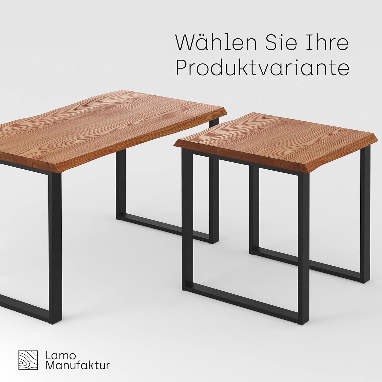 LAMO Manufaktur Esstisch Küchentisch Schreibtisch Couchtisch aus Massivholz, mit Baumkante 140x60x76 cm (AxBxH), Modern, Natur/Schwarz, LNB-01-A-002-9005M