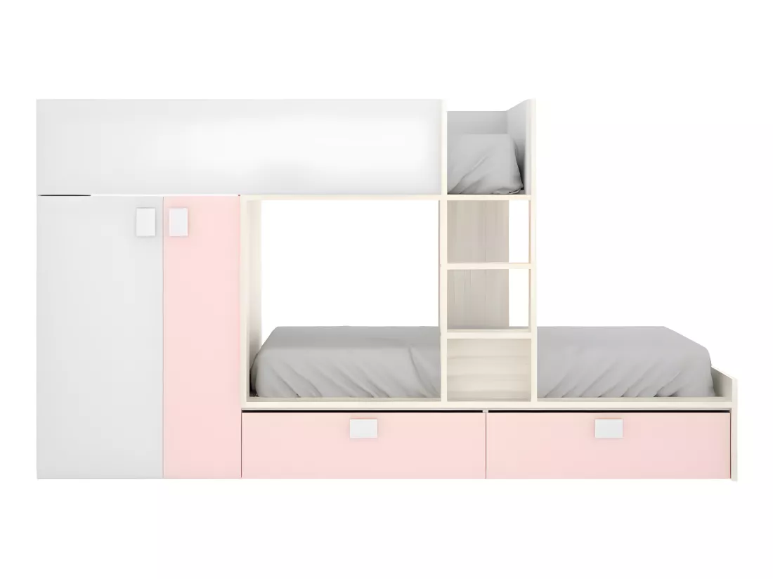 Lits Superposés 2 x 90 x 190 cm - Armoire intégrée - Blanc, naturel et rose + matelas - JUANITO