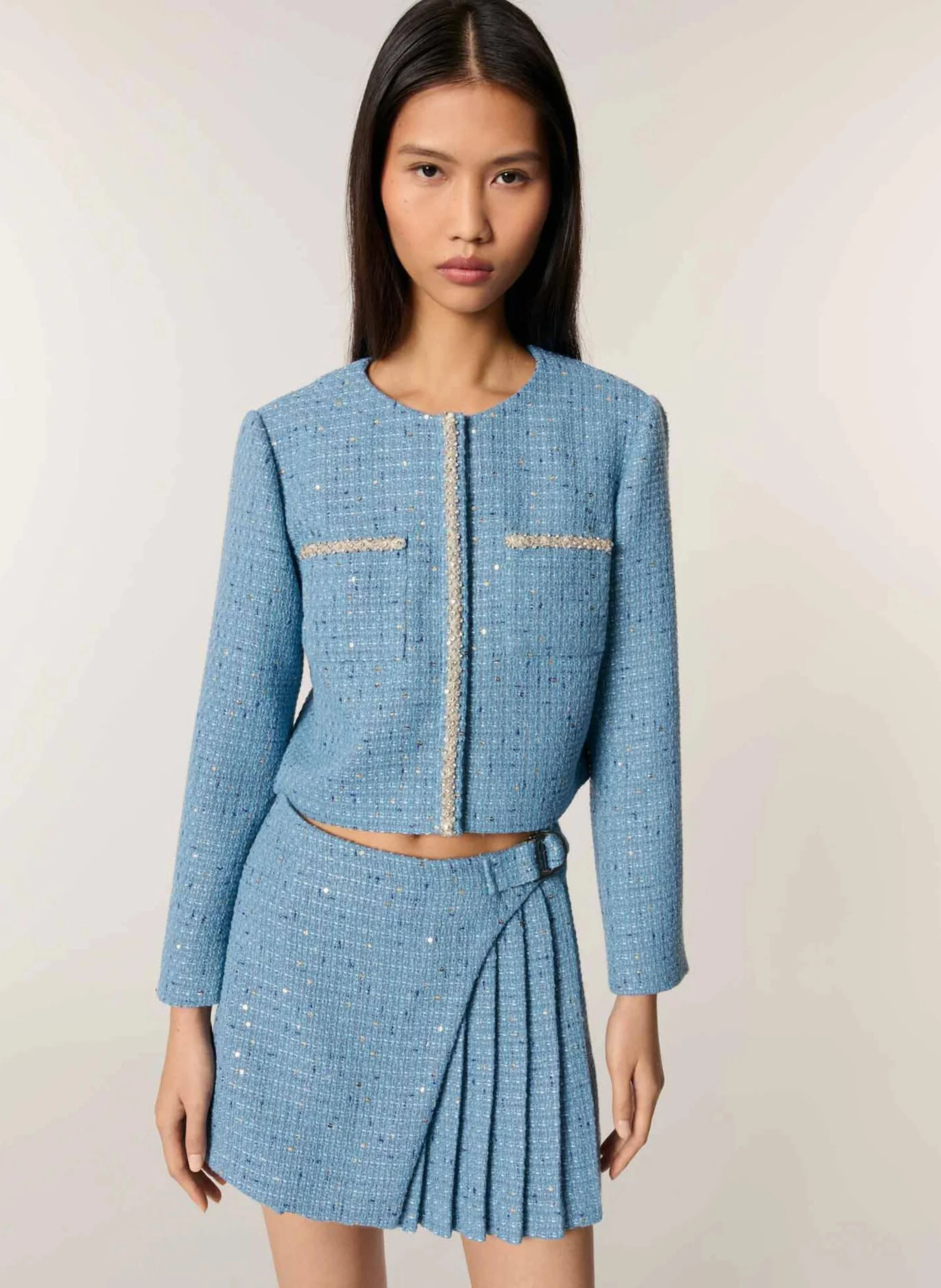 Blazer droit en tweed | Bleu