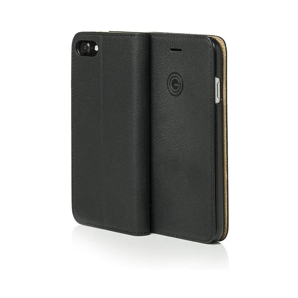 iPhone SE (2022/2020) / 8 / 7 / 6S Echtleder Book Case Tasche Flip Cover Hand Made (MARCIPSE2-M01) - Schwarz