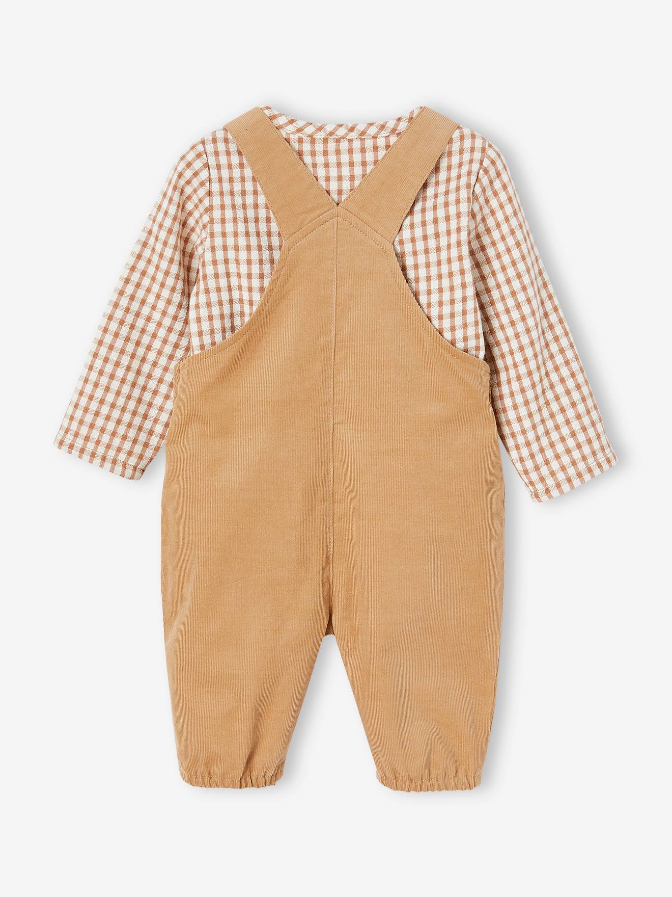 Conjunto de jardineira de veludo cotelê e camisa xadrez para bebê em marrom acinzentado