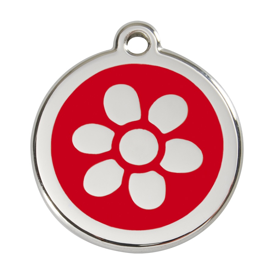 Placa de identificação para cães em aço inoxidável esmaltado com flor vermelha