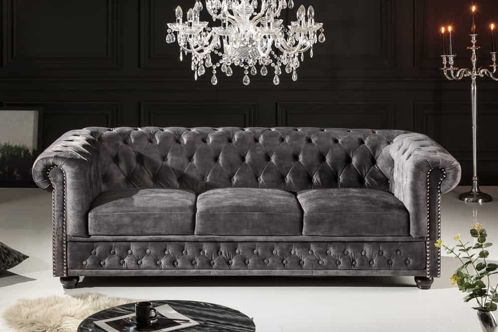 Chesterfield 3-Sitzer Sofa 205cm grau Samt Federkern Knopfheftung