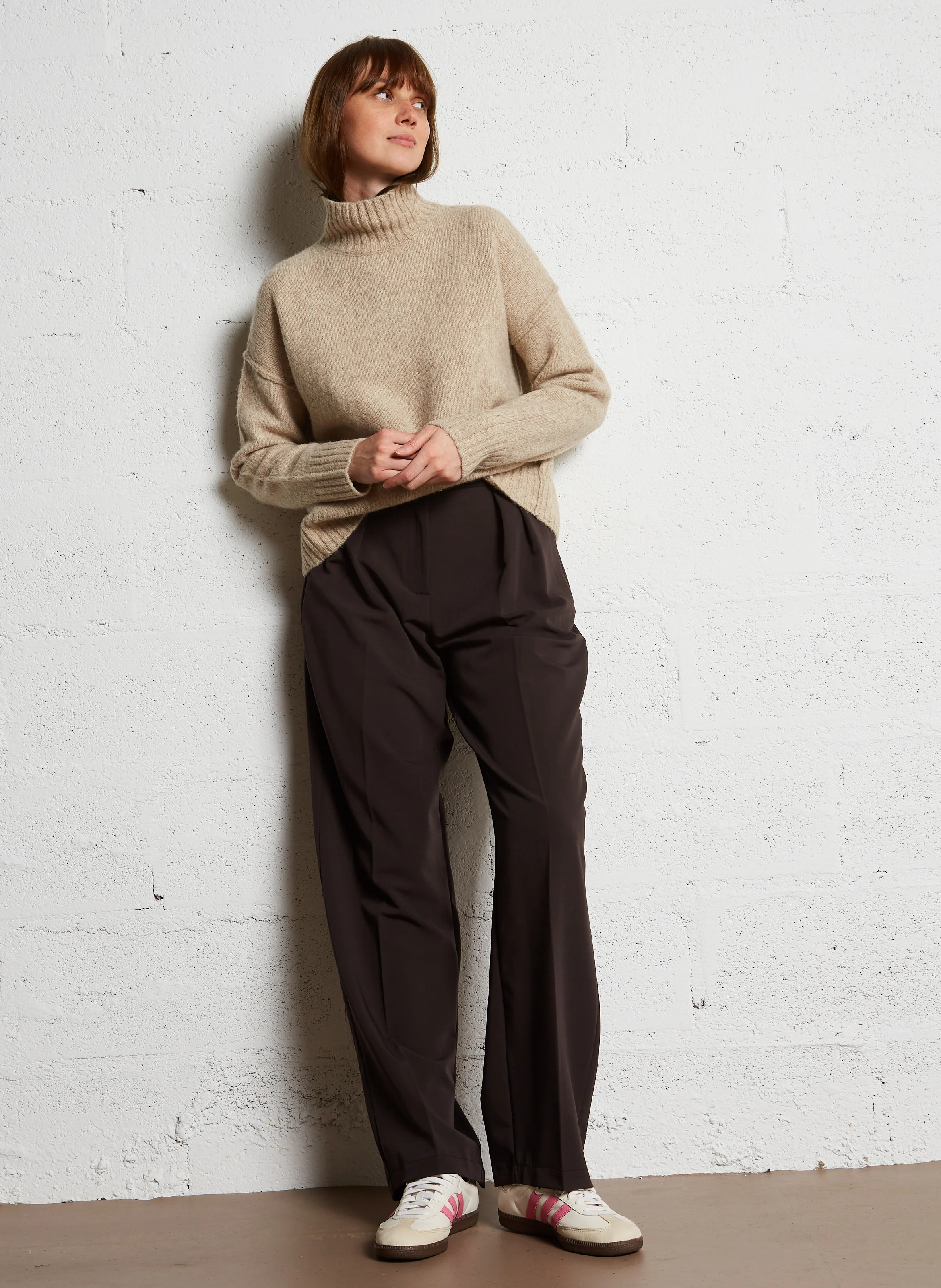 Pantalon large à ceinture| Marron