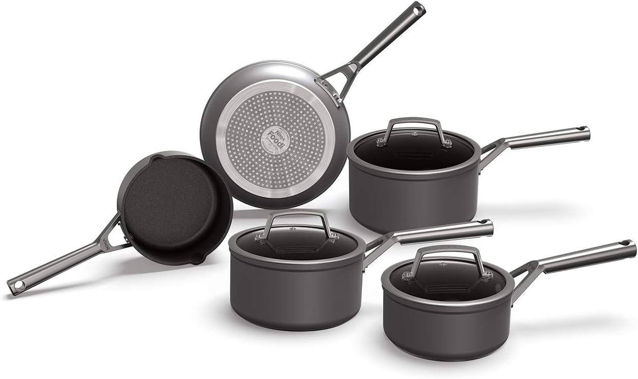Ninja Foodi ZEROSTICK 5-teiliges Pfannenset mit Glasdeckeln, antihaftbeschichtet, hart eloxiertes Aluminium, induktionsgeeignet, backofen- und spülmaschinenfest, Edelstahlgriff, Grau, C35000EU