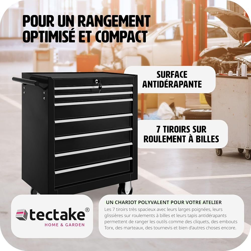 TecTake® Chariot d'atelier Metallique Servante d'atelier Vide Trolley Professionnel 7 Tiroirs spacieux Verrouillables Chariot a Roulette pour Rangement Atelier Garage - Noir : Commerce, Industrie et Science