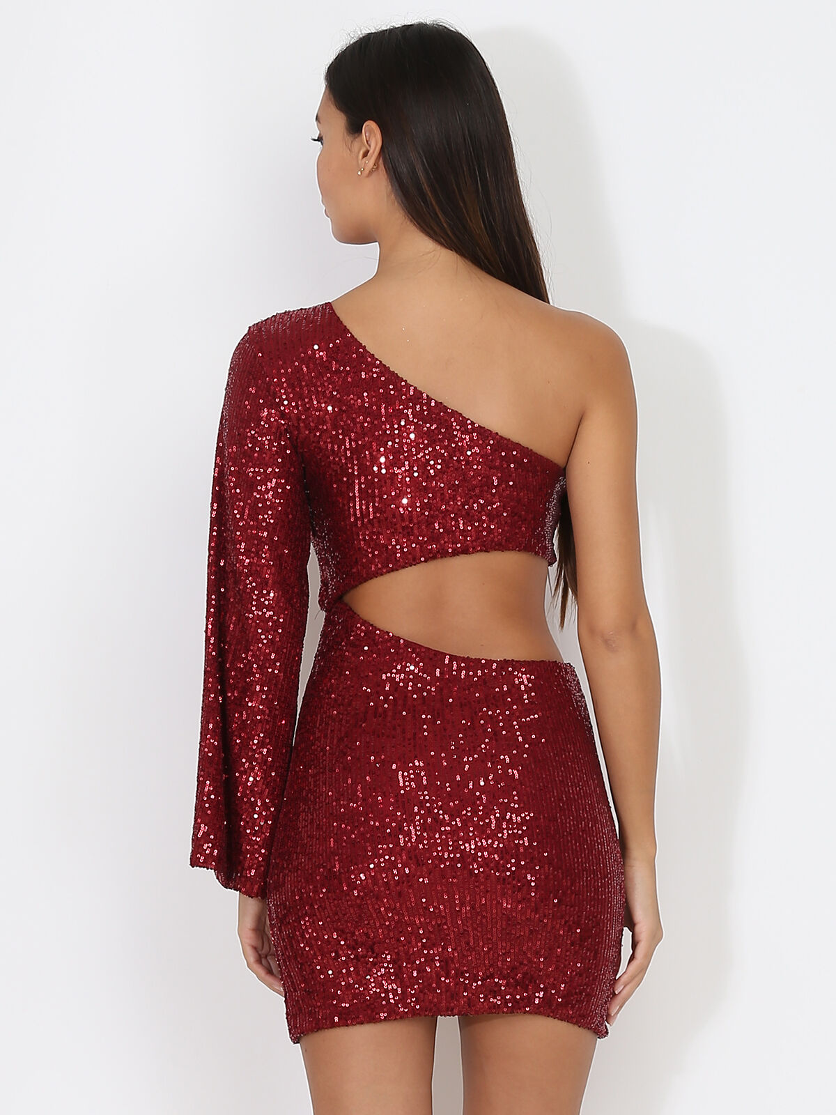 Robe cut out en sequins à manche évasée- Bordeaux