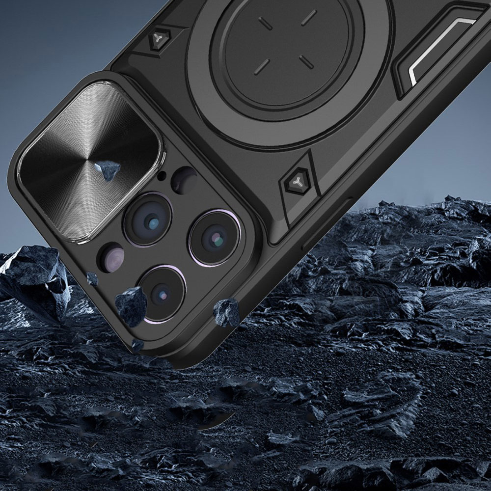 iPhone 15 Pro Hybrid Outdoor Hardcase Hülle mit Cam-Slider   Magnetischer Kickstand - Schwarz