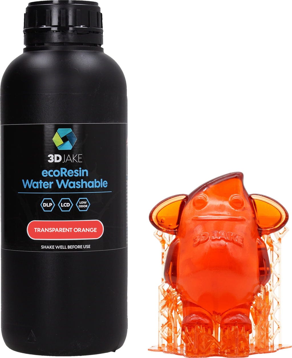 3DJAKE  ecoResin Water Washable Transparent Orange, 1.000 g    Hochwertiges, wasserwaschbares Resin für effizienten 3D-Druck in Transparent Orange