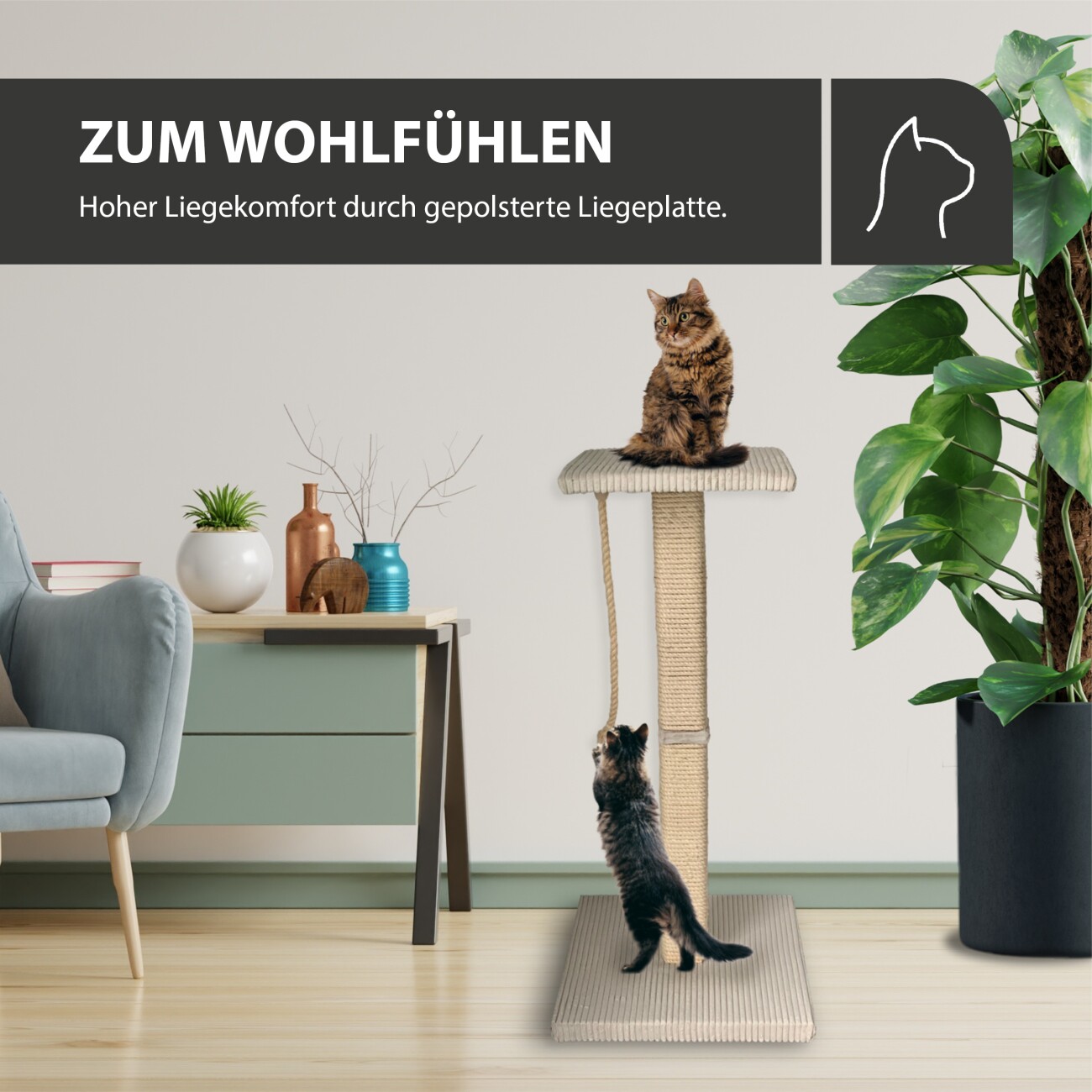 Rohrschneider ® Katzenbaum Emmi mit Vollholz-Holm und Gratis-Beigabe beige 45 cm, 77 cm, 45 cm
