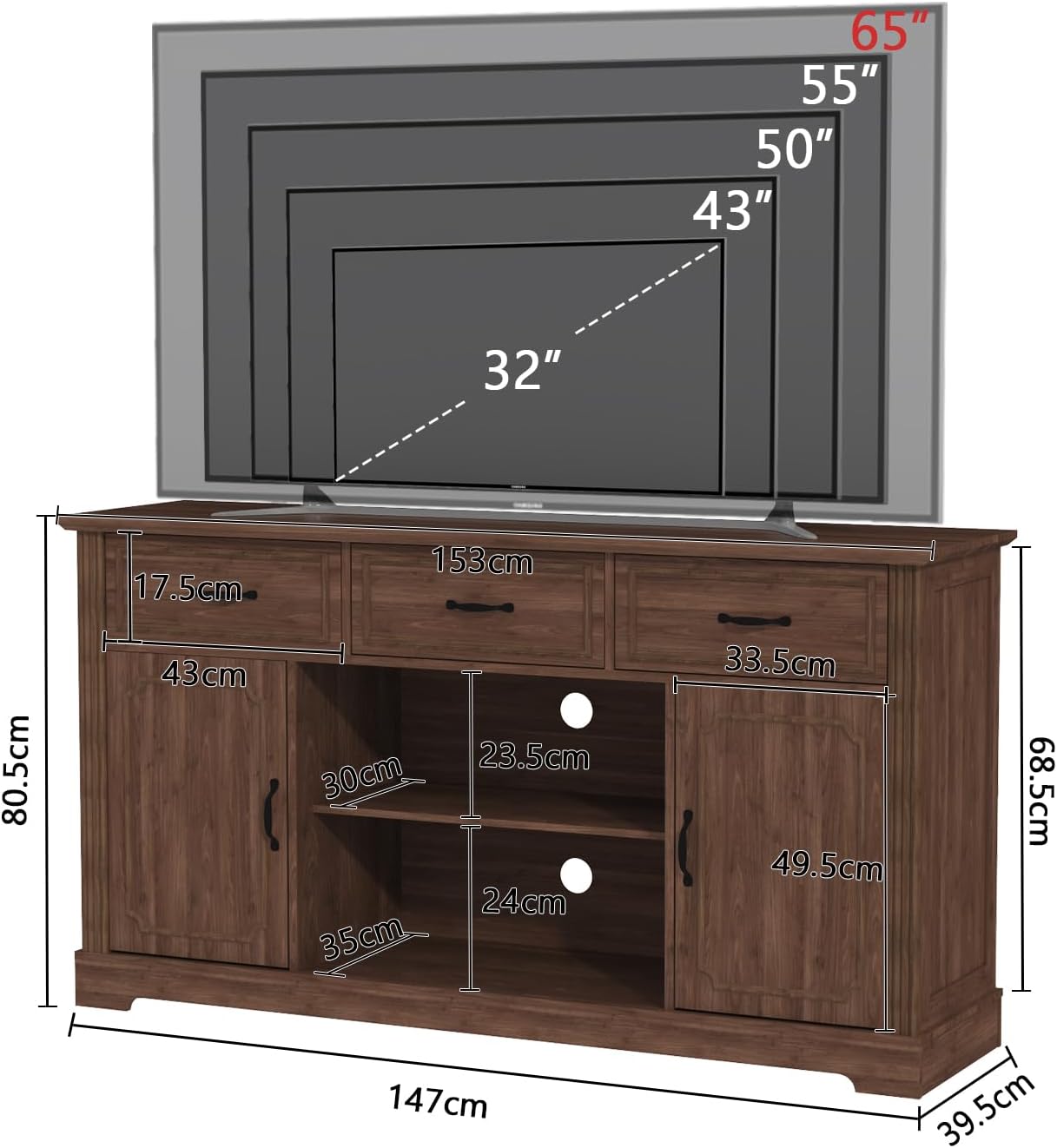 Fernsehschrank-TV-Schrank Holz Fernsehtisch Lowboard für Fernseher TV Cabinet Sideboard Fernseher für Wohnzimmer, Esszimmer, Schlafzimmer, Braun