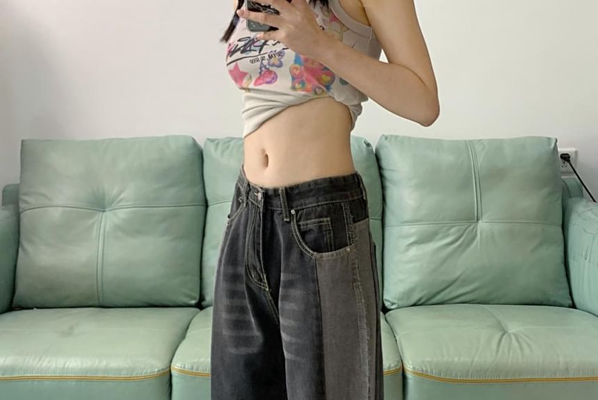 Chisan - Mid Rise Washed Panel Wide Leg Jeans