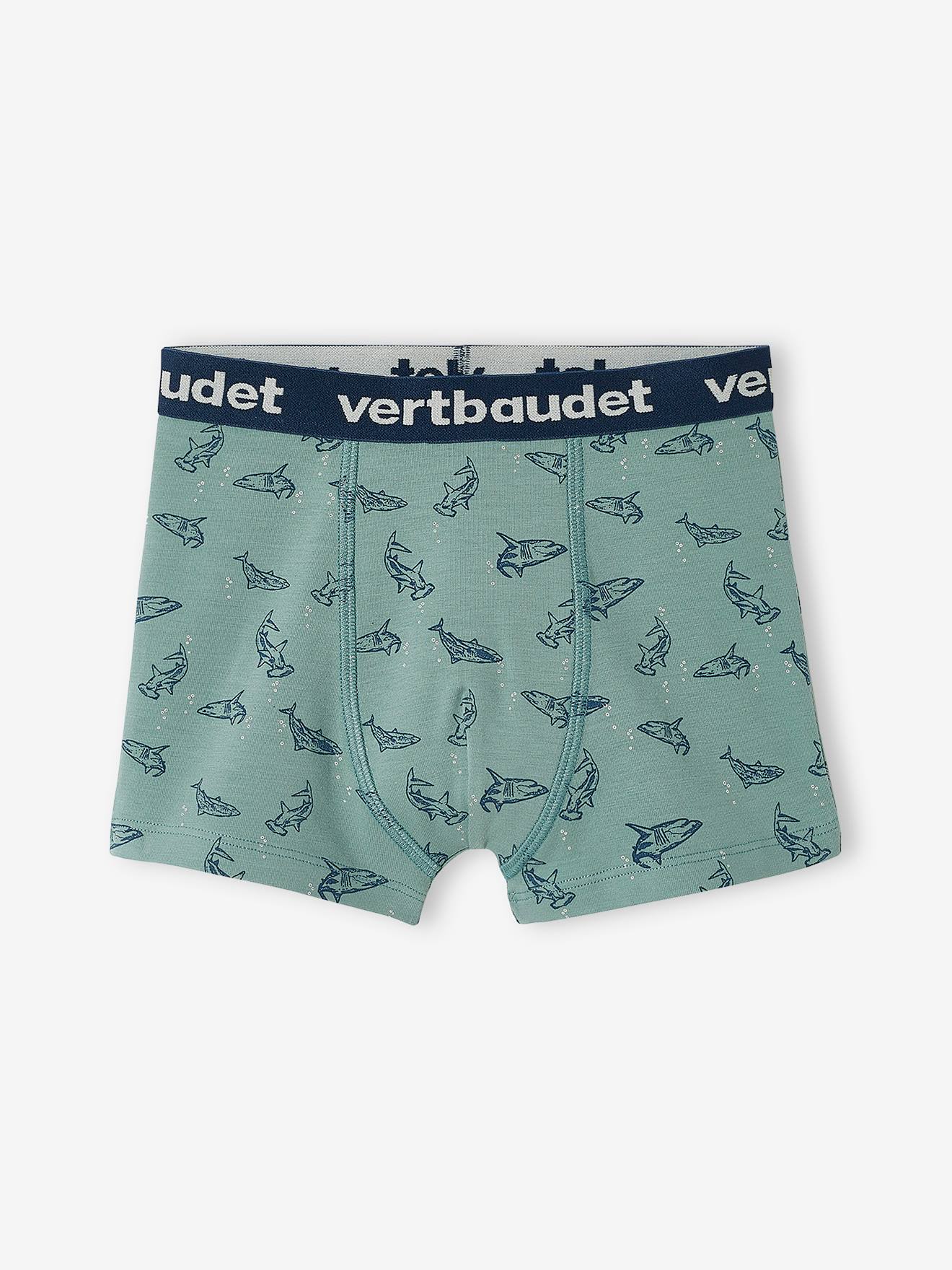Lote de 5 cuecas boxer elásticas, modelo Sharks, para menino, lisas, azul médio com estampas.
