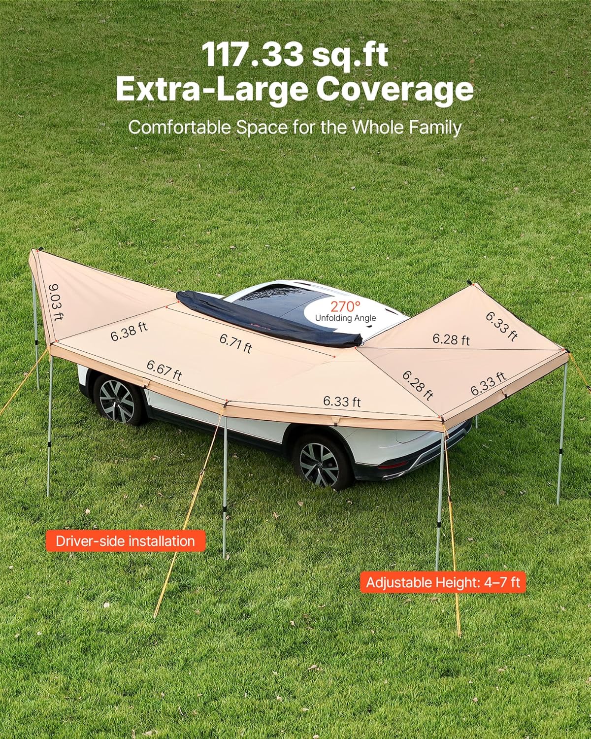 VEVOR Markise Auto, 5,7x3,87x2,1 m, 270°-Markise mit integrierten LED-Leuchten, Sonnensegel, UV50+, freistehende Allwetter-Automarkise, Sonnenunterkunft für SUV & LKW, ideal für Camping
