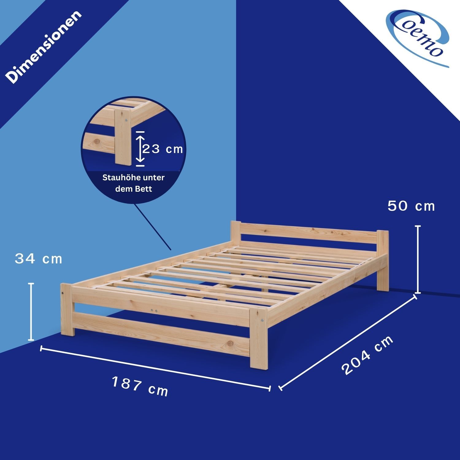 Coemo Bett Classico Holzbett Bettgestell mit Lattenrost Massivholz Kiefer 180x200 cm natur